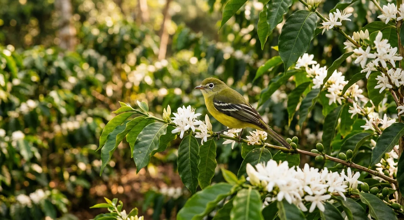 A small migratory warbler perched on a flowering coffee branch surrounded by green leaves