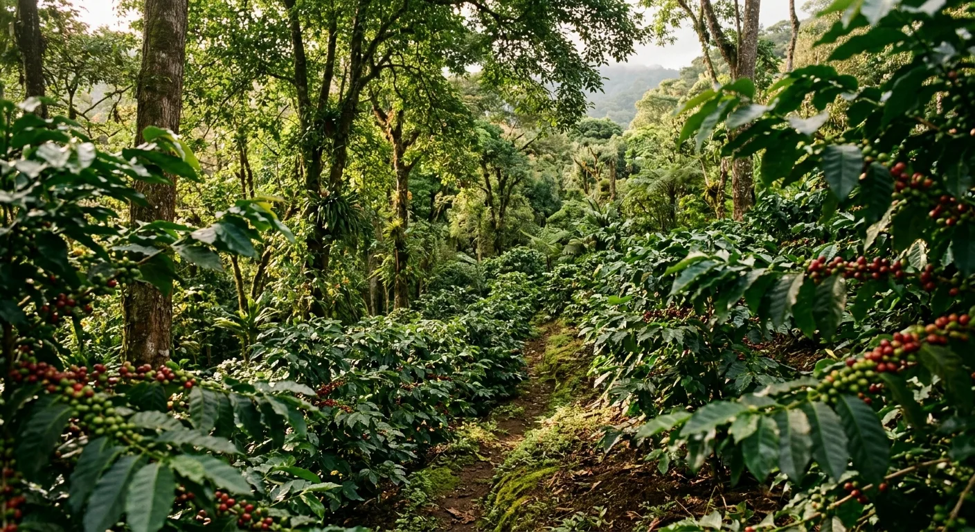 Dense shade tree canopy over a coffee farm in Central America with rows of coffee plants below