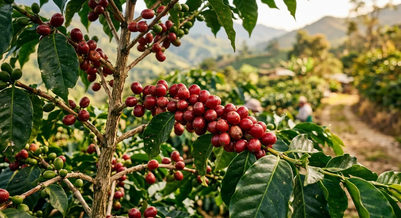 Coffee cherries ripening on a branch at a high-altitude Colombian farm