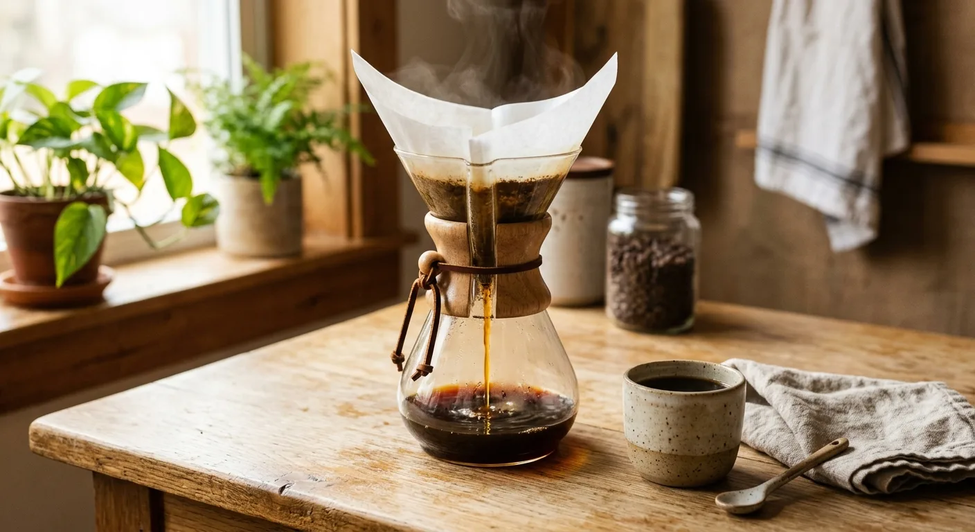A clear glass pour-over brewing a light Ethiopian single-origin coffee