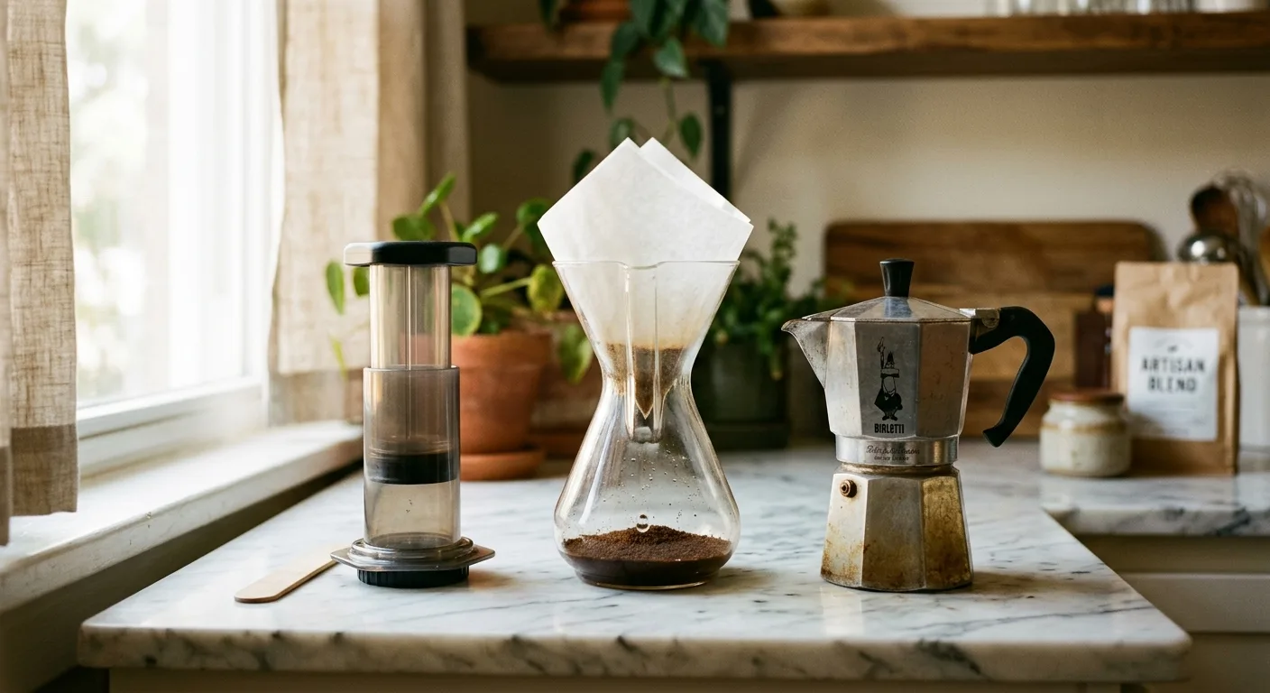 Three coffee brewers side by side on a kitchen counter, AeroPress, Chemex, and Moka pot
