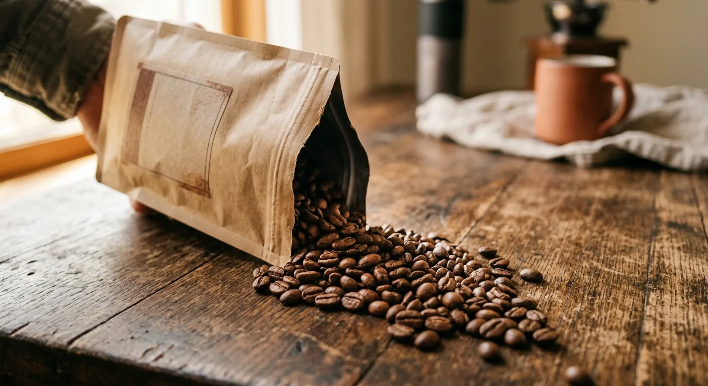 Whole bean single-origin coffee spilling from a kraft bag onto a wooden surface