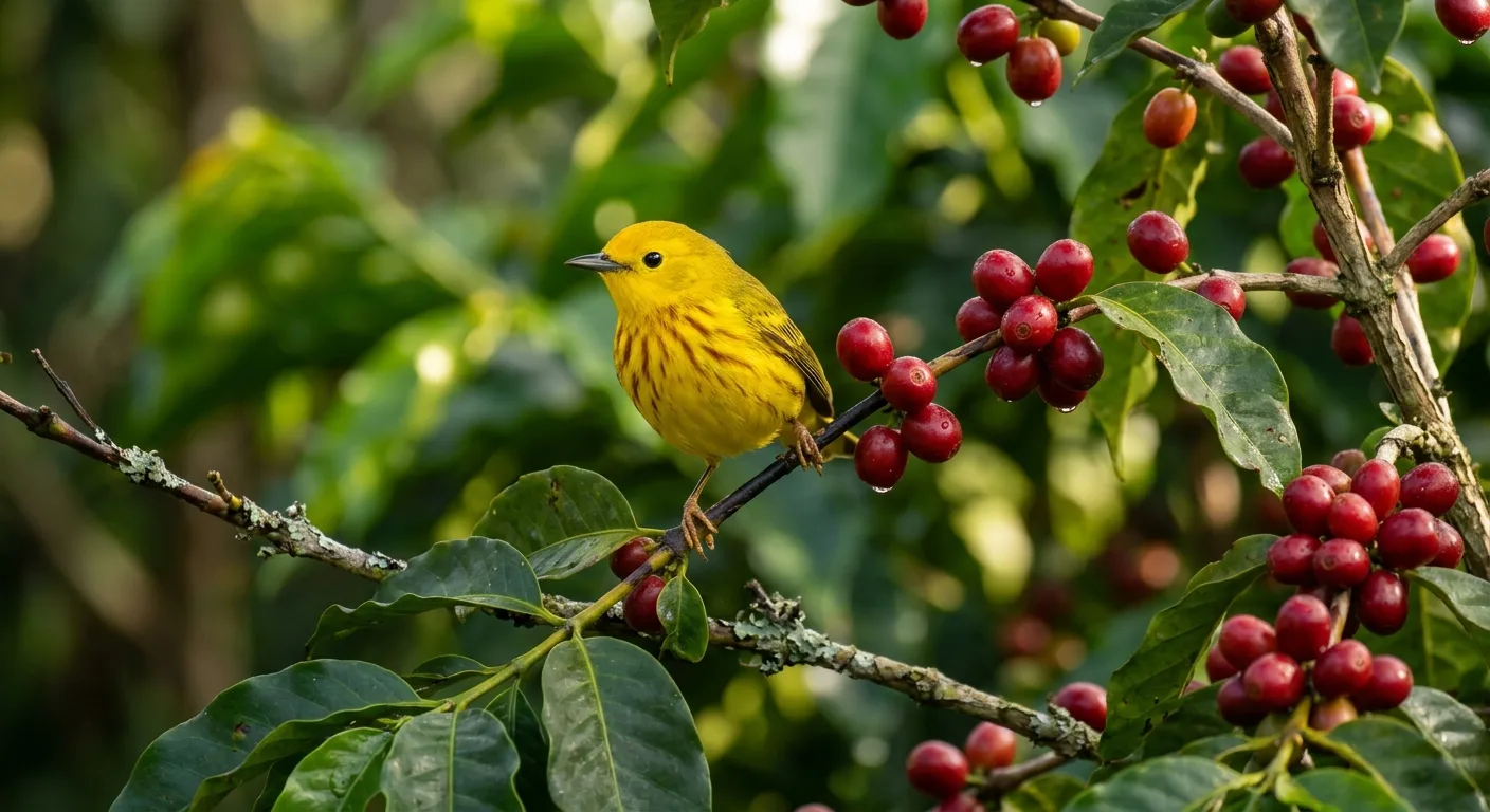 A colorful migratory songbird perched on a branch above ripe red coffee cherries on a shade-grown farm