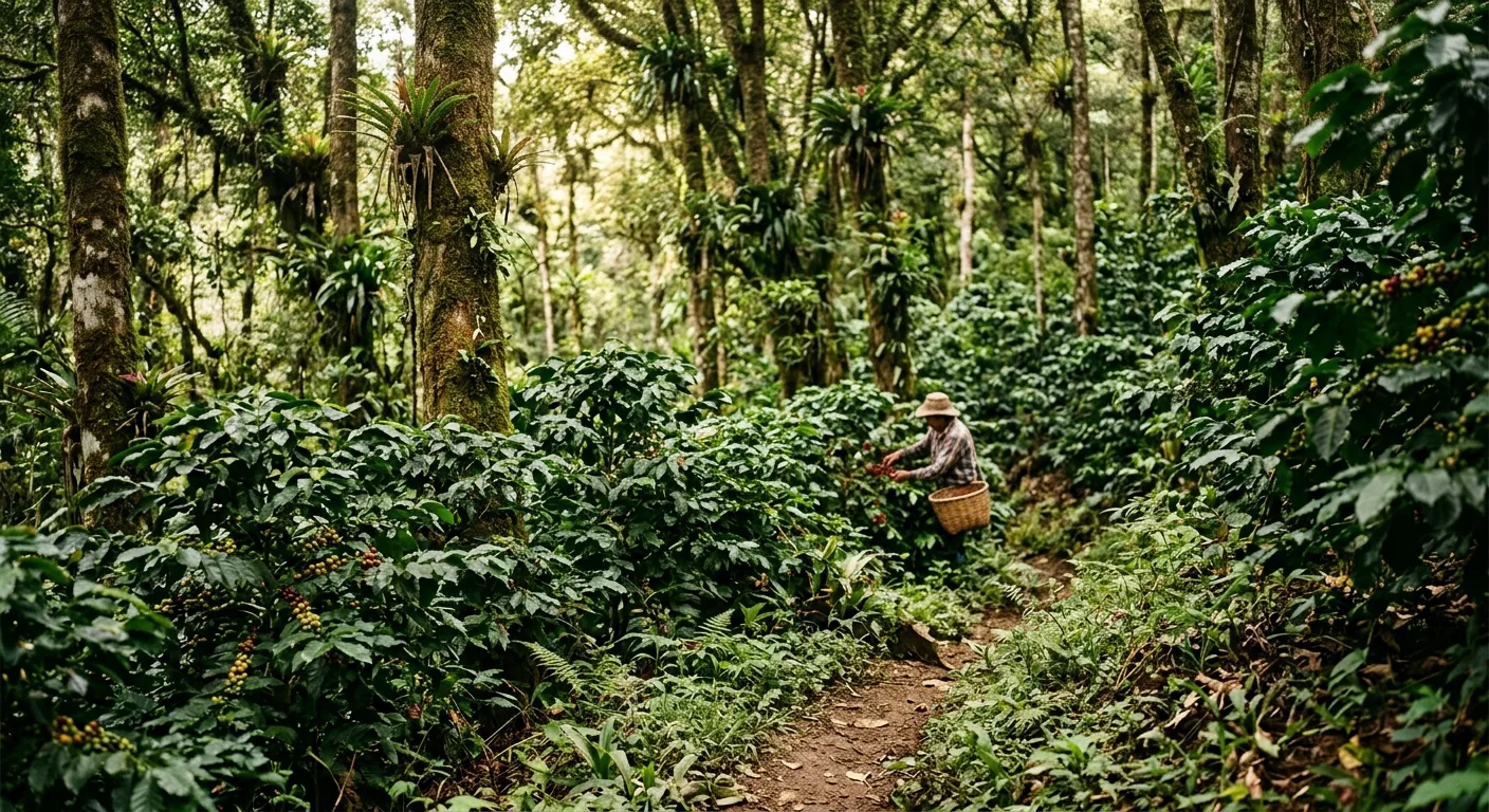 Lush tropical forest canopy above a shade-grown coffee farm with dense tree cover and dappled light