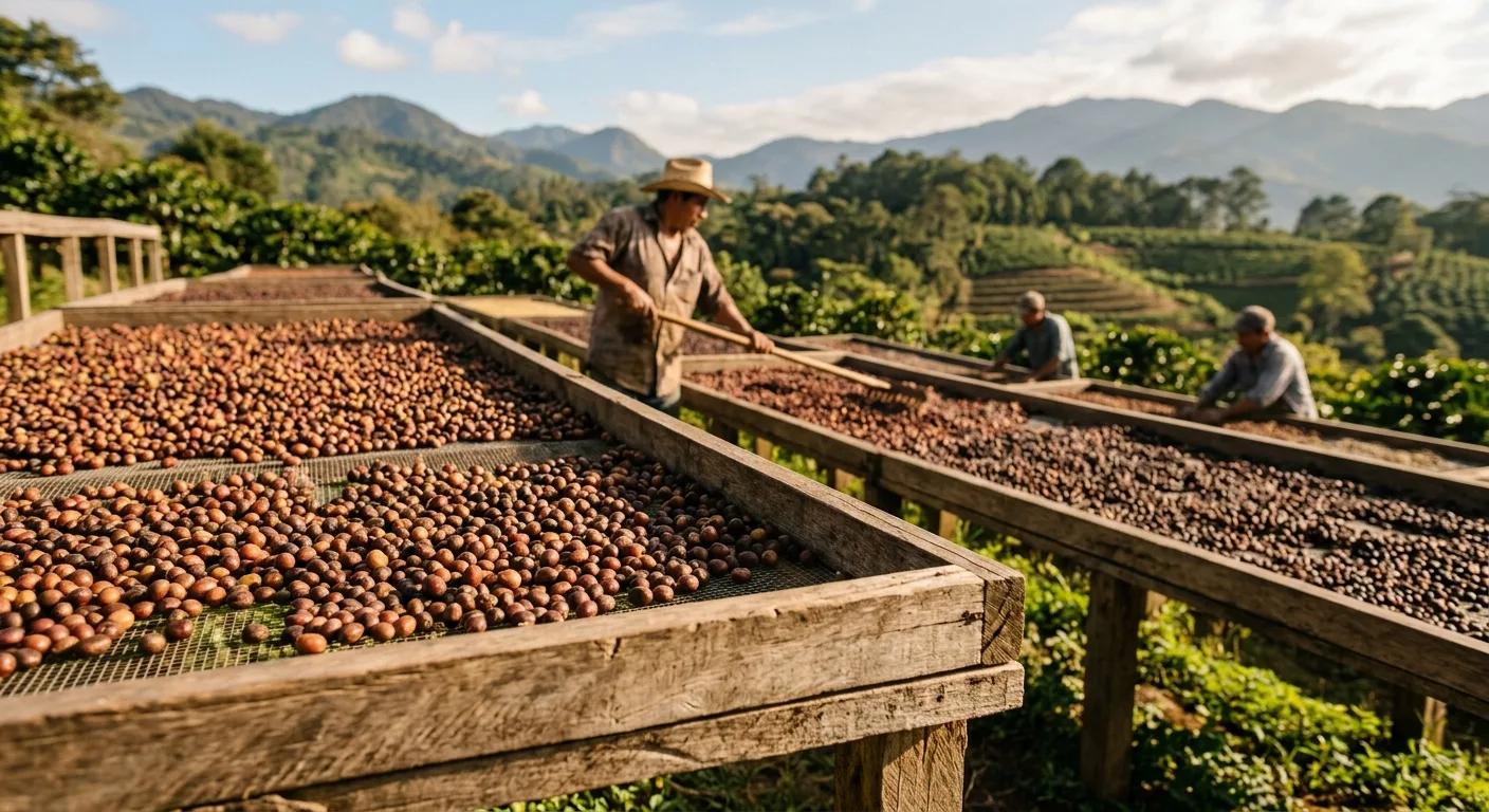 A burlap sack of green Guatemala Huehuetenango coffee beans beside dried coffee cherries on a raised drying bed