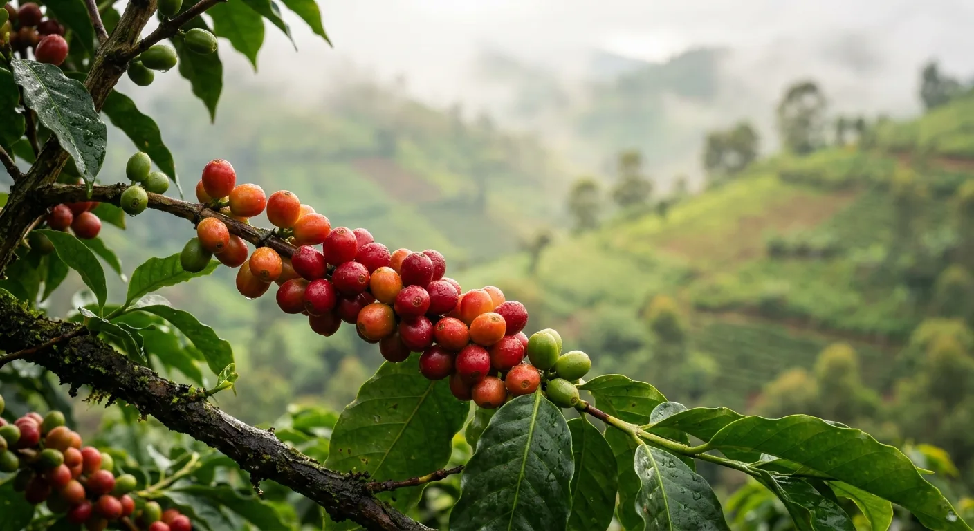 Coffee cherries ripening on a plant at high altitude in Rwanda's volcanic hillside growing region