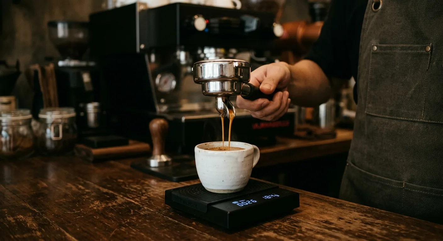Espresso shot pulling from a portafilter into a small ceramic cup on a scale
