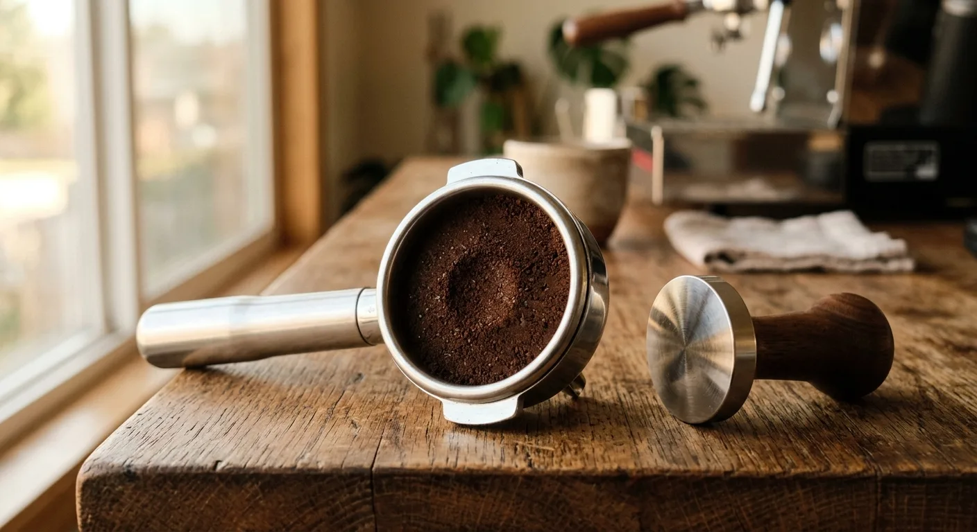 Freshly ground espresso beans in a portafilter basket ready for tamping