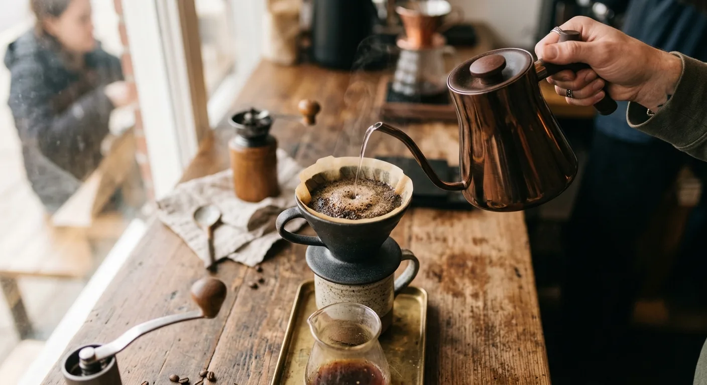 Hot water being poured through a pour-over dripper into a glass carafe on a wooden surface
