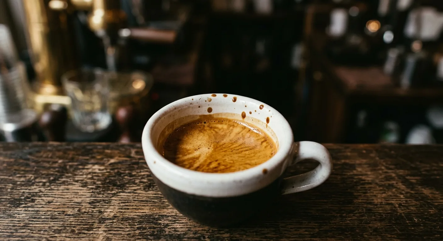 A freshly pulled single espresso shot with crema in a small ceramic cup