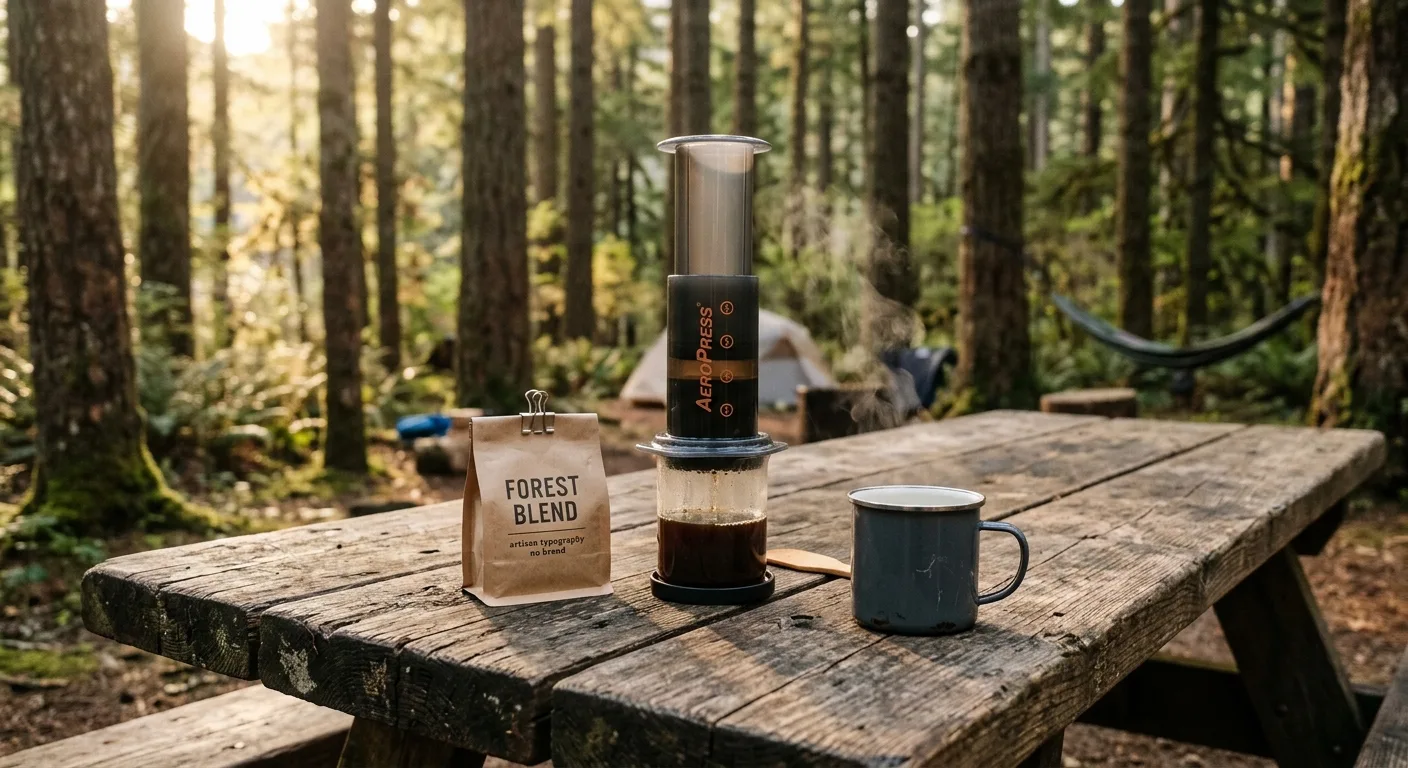AeroPress brewer and coffee grounds on a wooden camp table with pine trees in the background