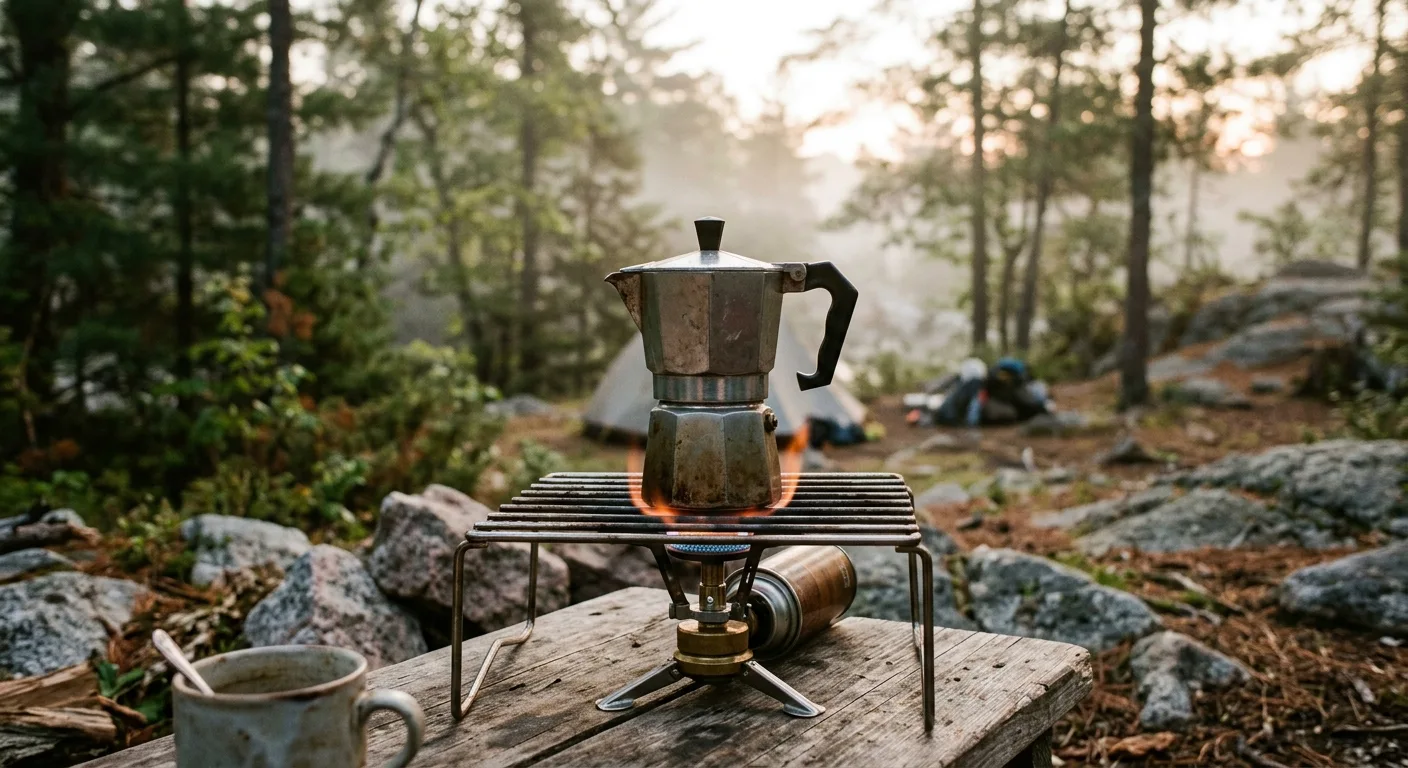 Stainless steel moka pot on a camp stove grate with a crackling fire visible beneath
