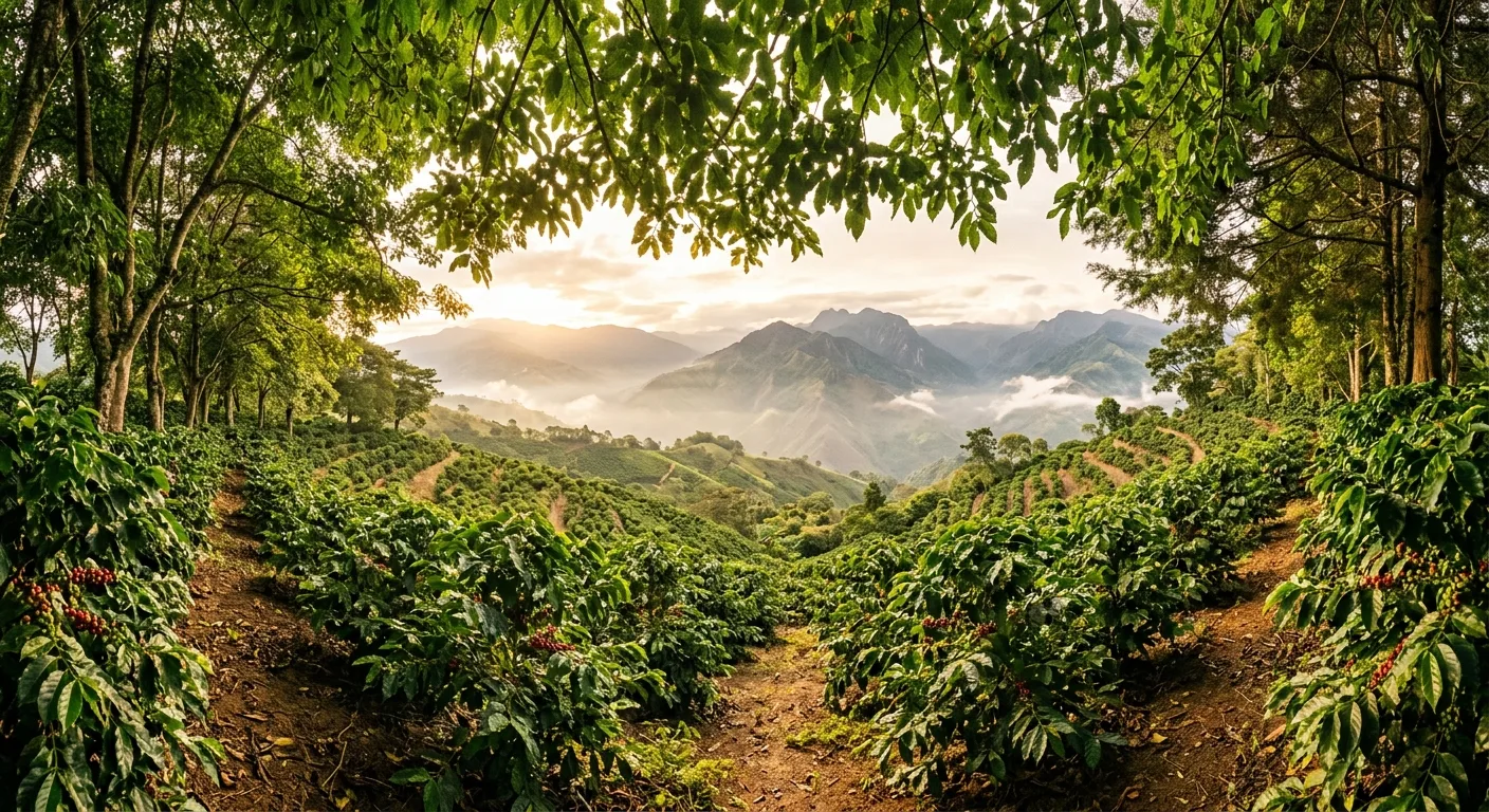Dense shade trees growing over a certified coffee farm protecting native bird habitat