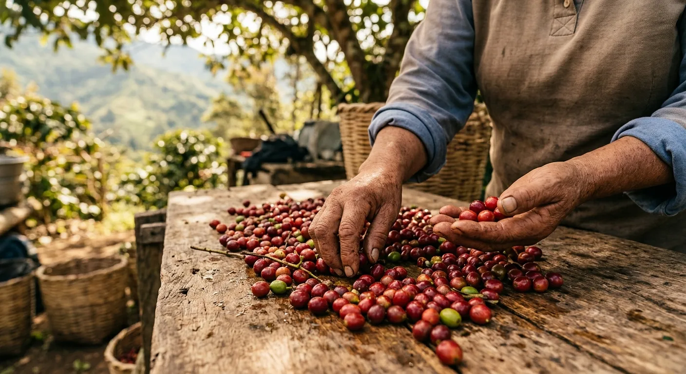Coffee cherries being hand-sorted by a farmer at a small highland cooperative farm