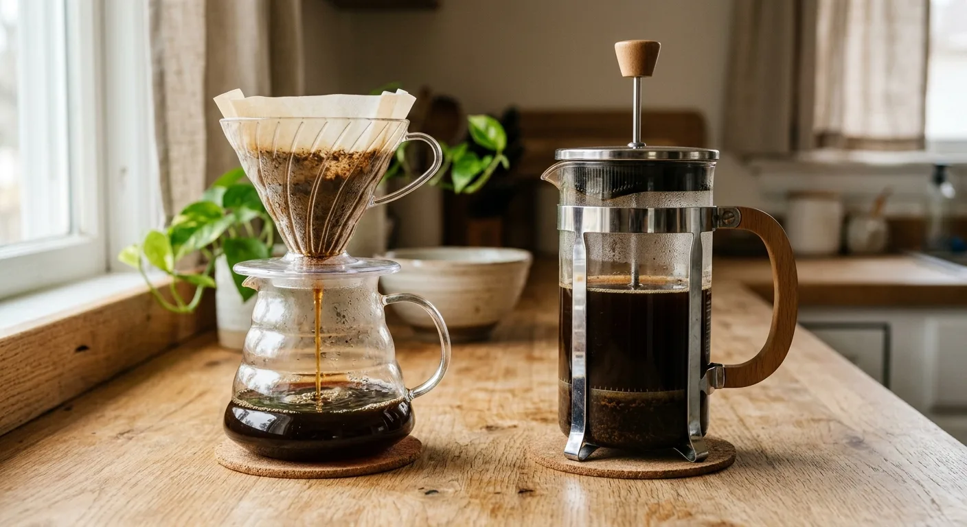 Side-by-side pour-over and French press coffee brewing on a kitchen counter with natural light