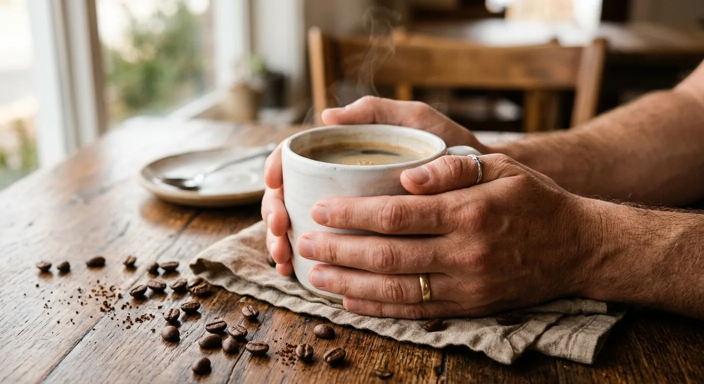 Hands cupping a ceramic mug of black coffee with steam rising, surrounded by scattered whole coffee beans on a wooden table
