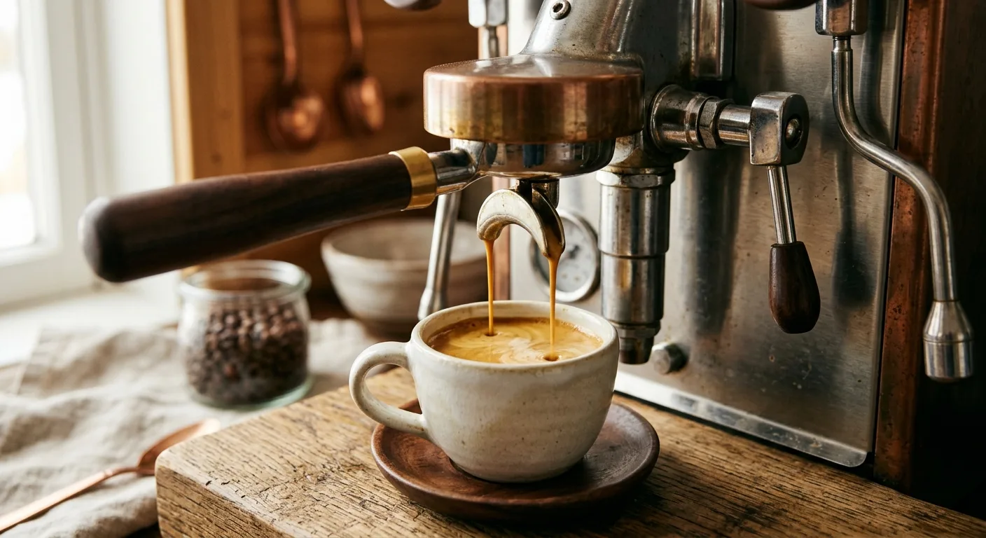 Double shot of espresso pulling into a small ceramic cup with rich crema