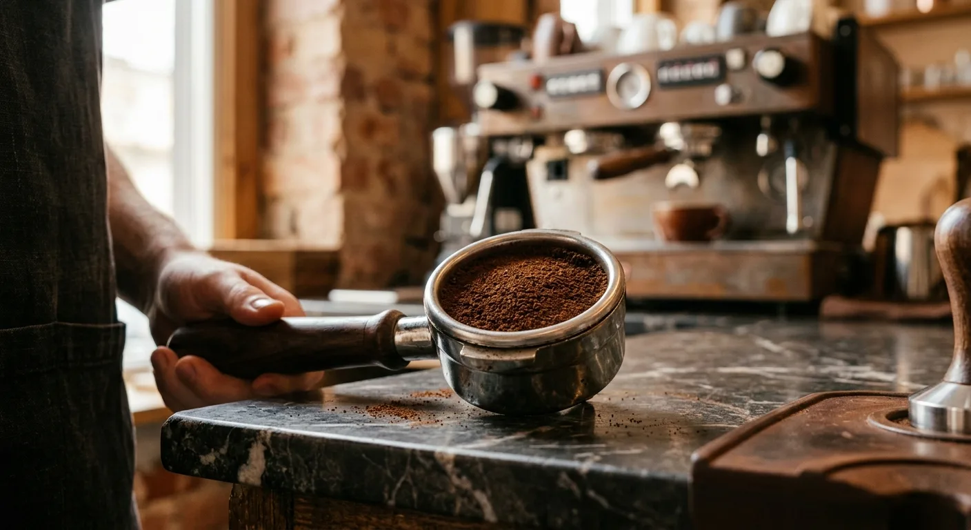 Freshly ground dark roast coffee dosed into a portafilter ready for espresso