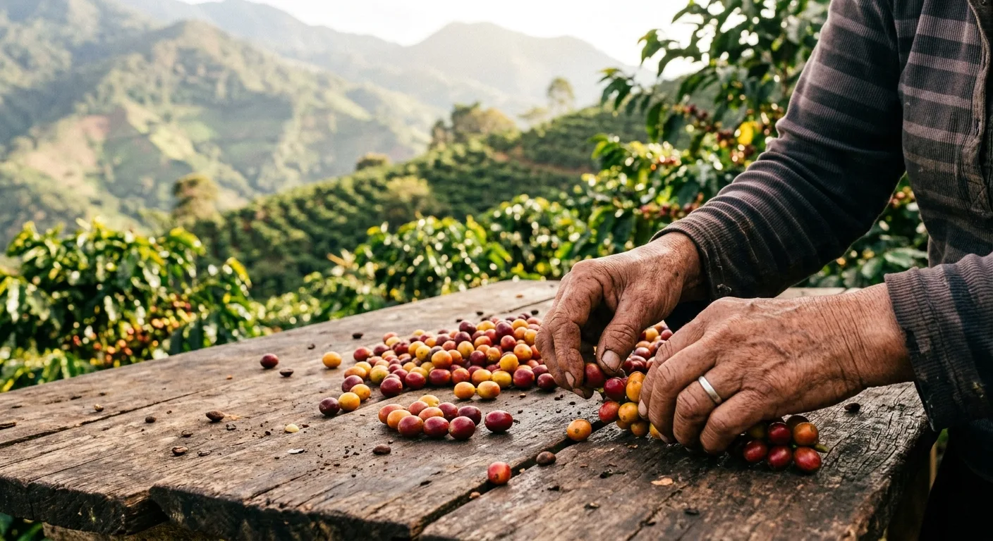Hands sorting bright red coffee cherries on a wooden sorting table at a high-altitude farm