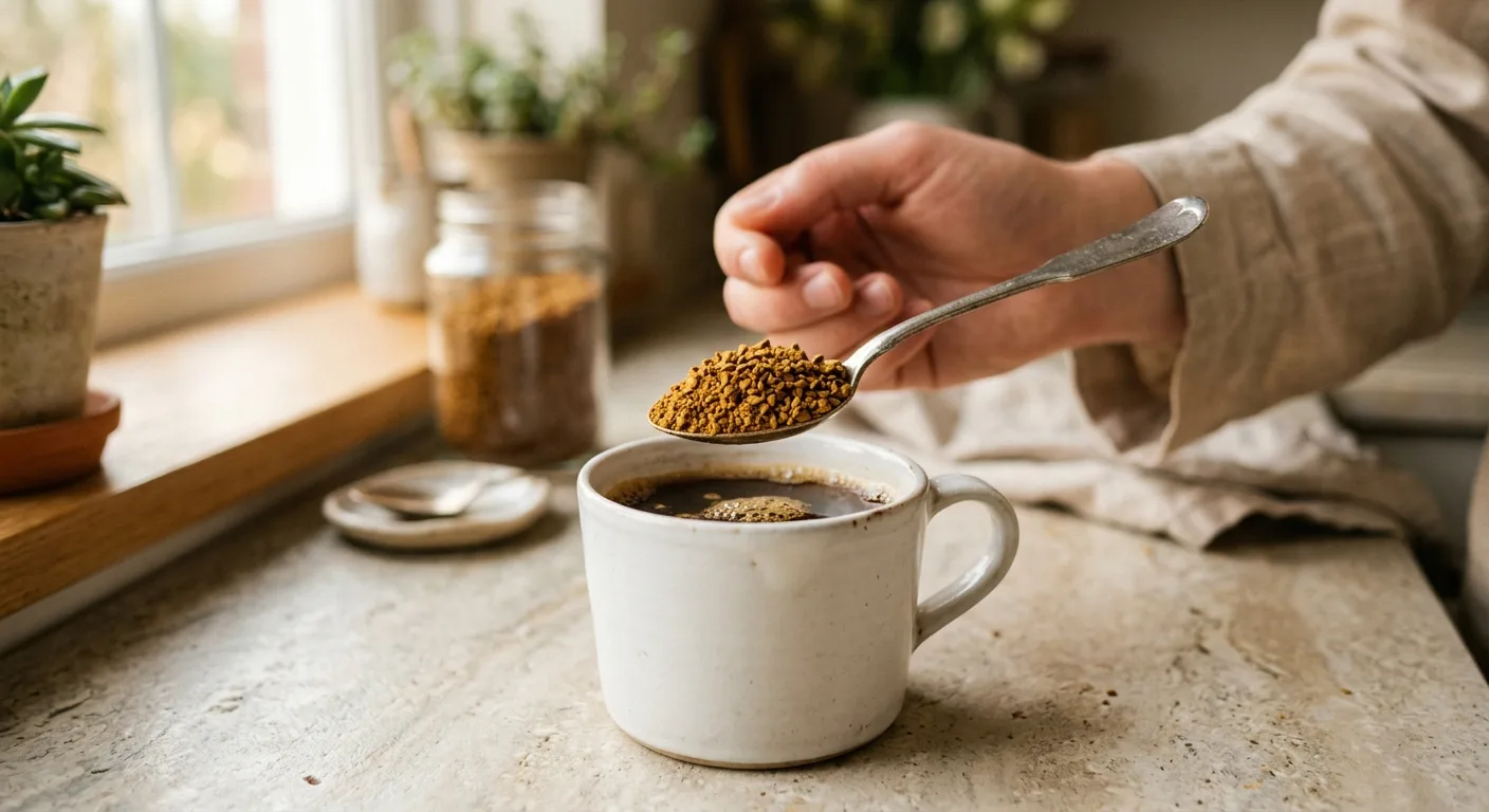 A spoonful of freeze-dried instant coffee granules above a white ceramic mug