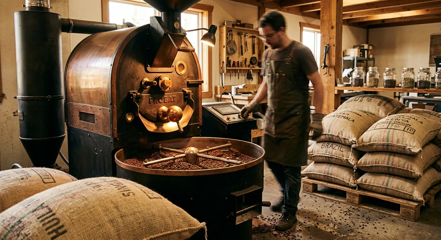 Small-batch specialty coffee being roasted in a drum roaster with warm golden tones