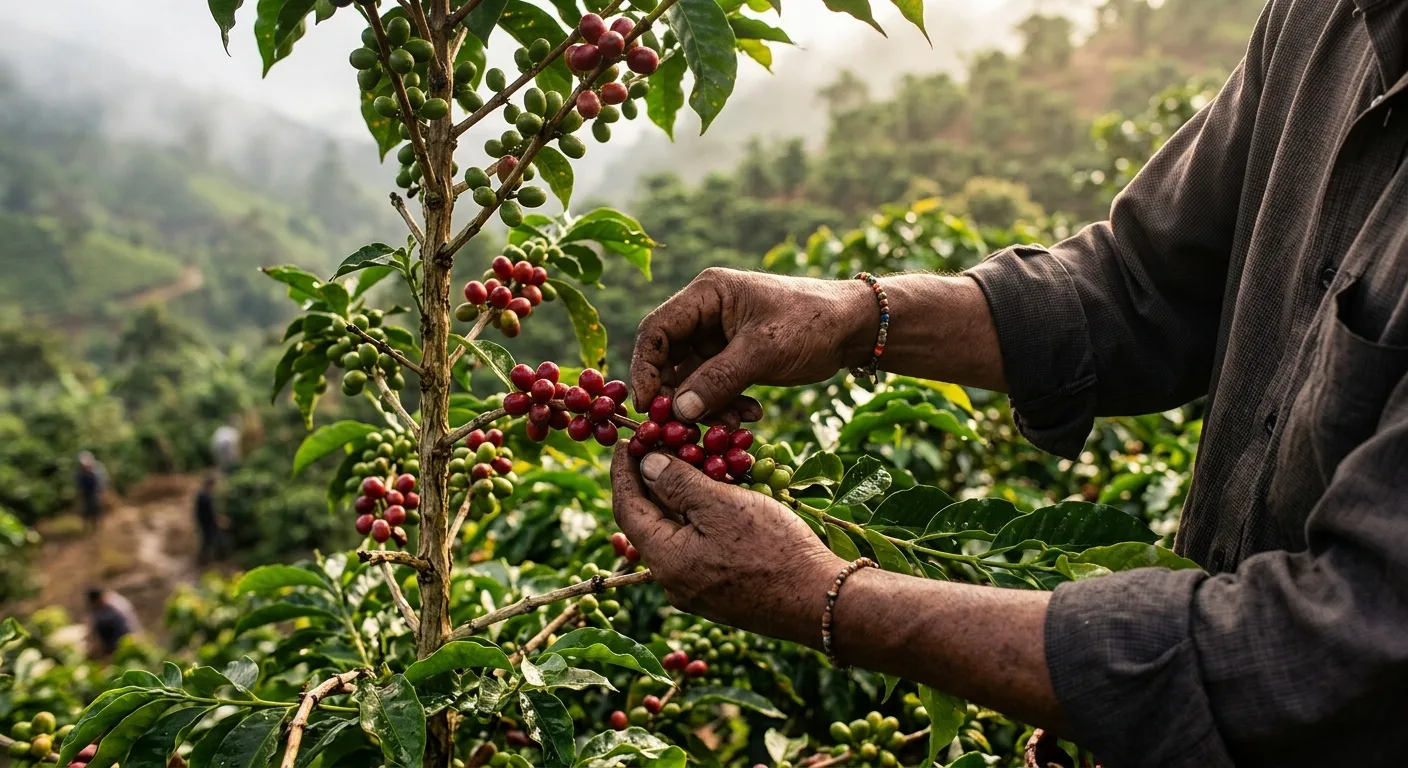 Green coffee cherries being hand-picked at a specialty farm at high altitude
