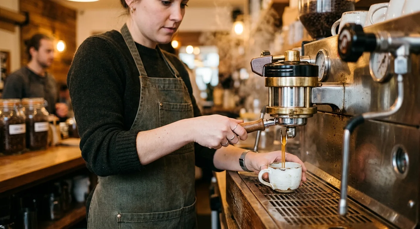 Barista pulling an espresso shot from a blend into a small ceramic cup