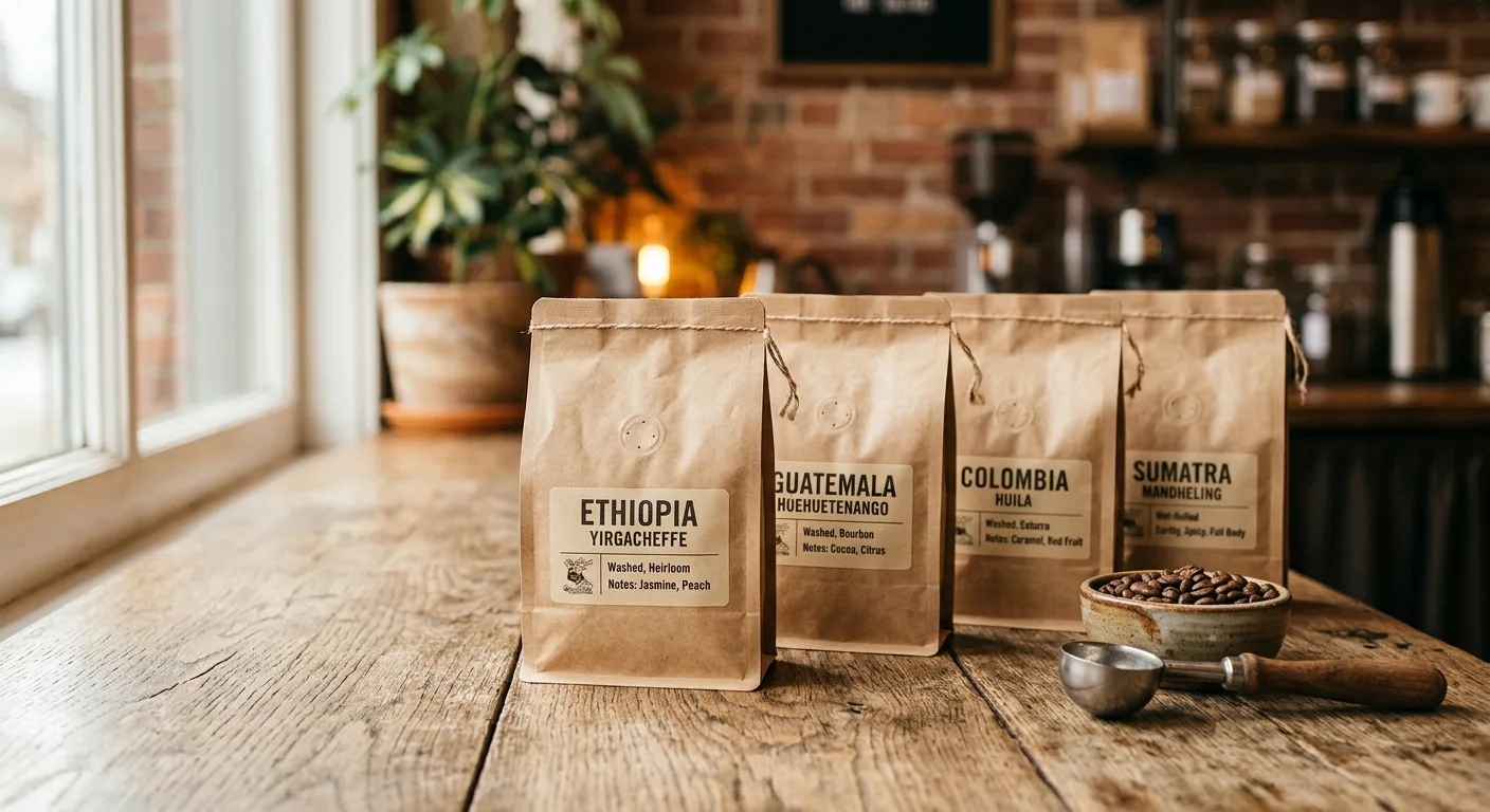 Bags of single origin specialty coffee labeled by farm and region of origin