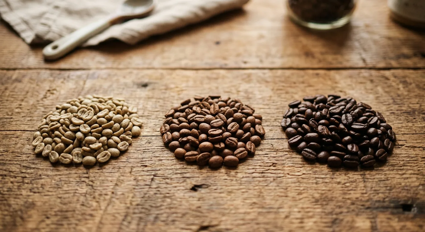 Green and roasted coffee beans side by side showing color transformation from light to dark roast