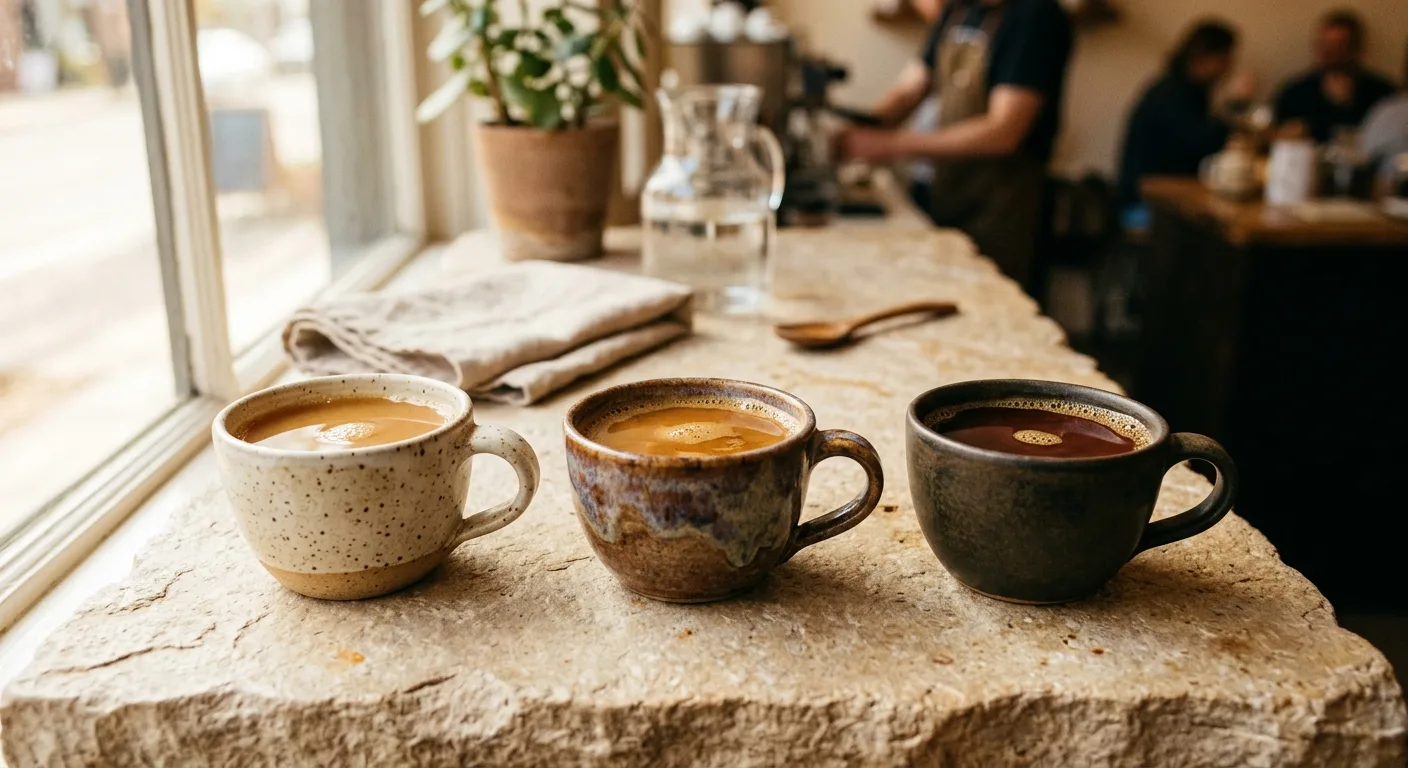 Three pour-over cups of coffee in different shades representing light medium and dark roast brews