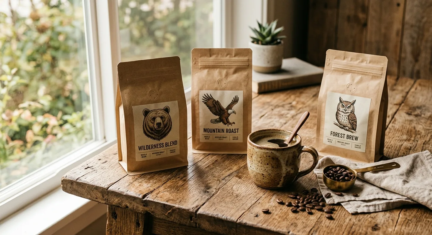 Single-origin coffee bags from Diving Moose Coffee arranged on a wooden surface