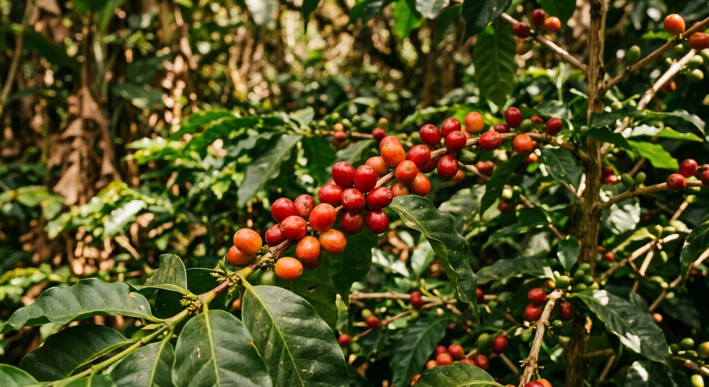 Coffee cherries ripening on a branch in a shaded tropical forest