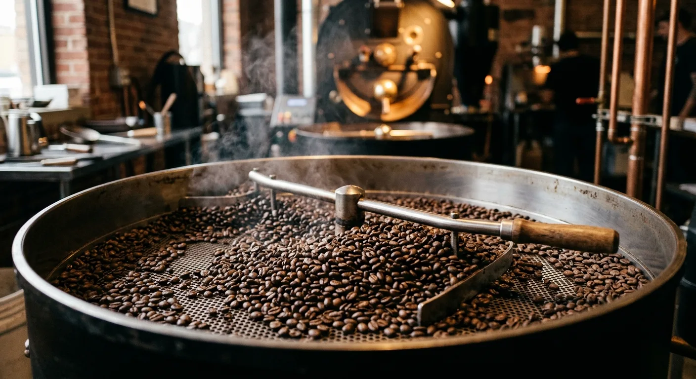 Freshly roasted small-batch coffee beans cooling on a roaster's cooling tray in a Georgia roastery