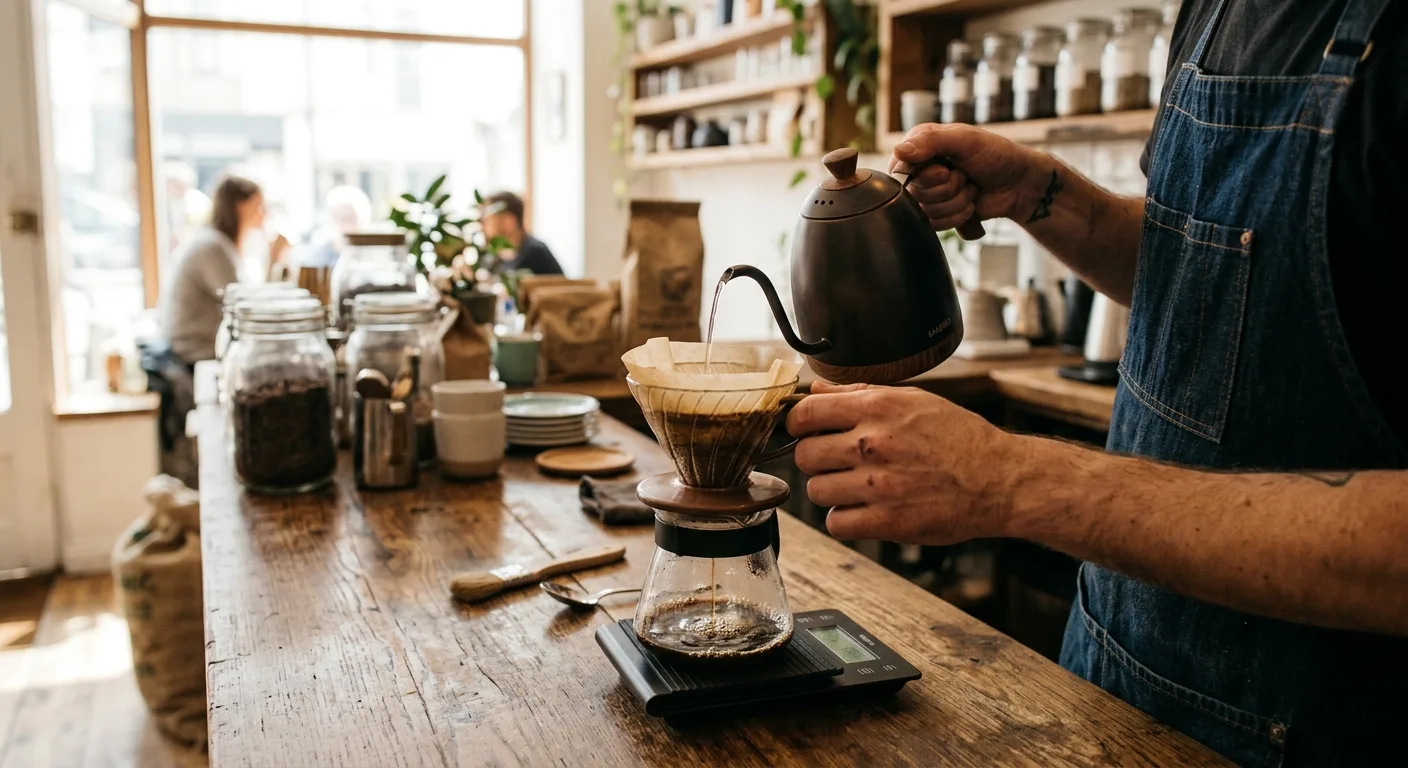 A barista pouring hot water over a pour-over coffee filter on a wooden counter in a small Georgia coffee shop