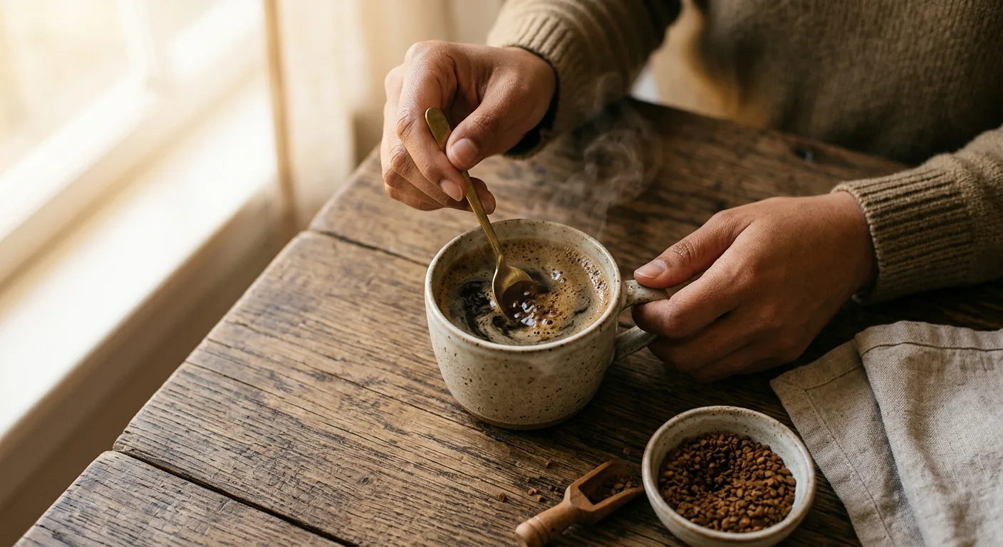 Single serving of instant specialty coffee being stirred into hot water in a ceramic mug