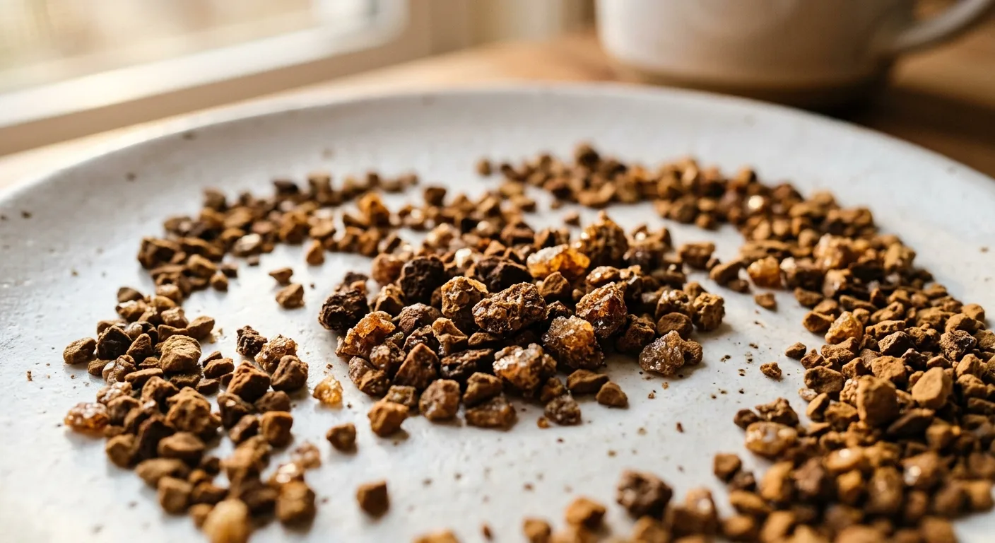 Freeze-dried instant coffee granules close up showing texture and color