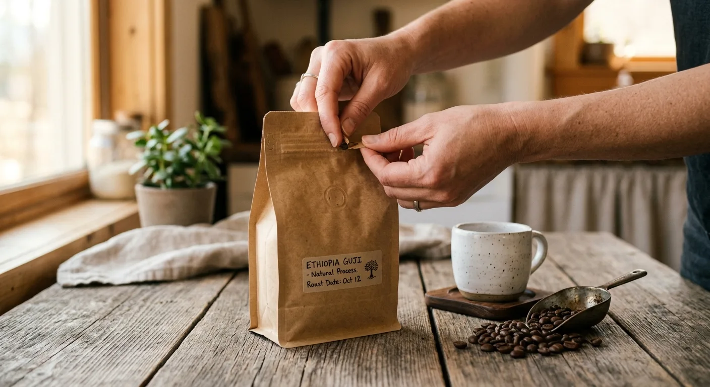 Hands opening a sealed kraft paper coffee bag with a one-way valve on a wooden table