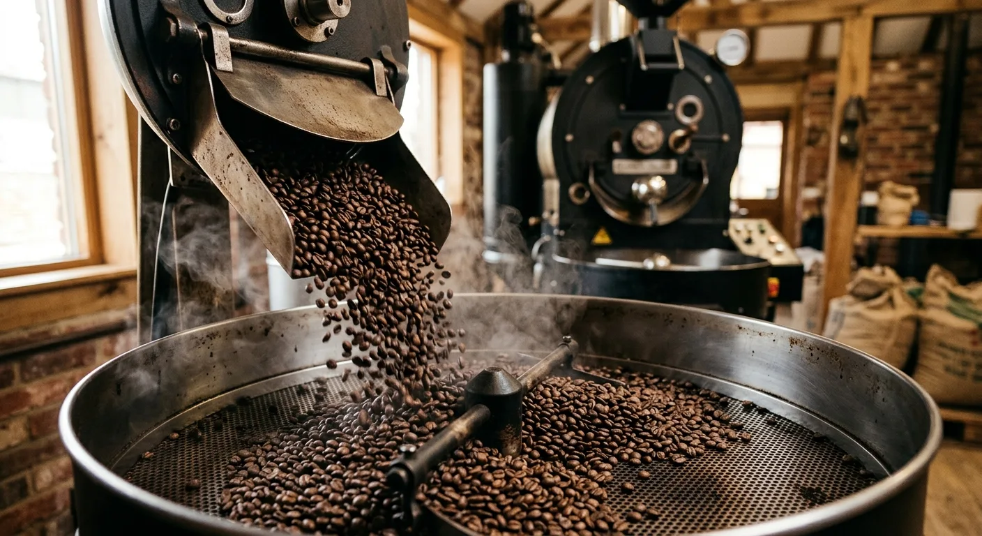 Freshly roasted coffee beans cooling on a roaster drum tray with steam rising