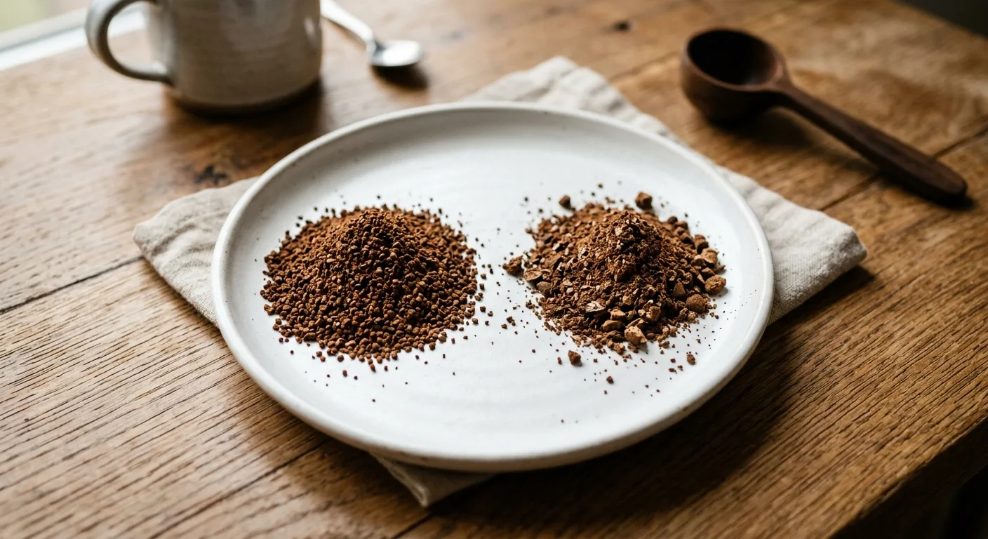 Side-by-side comparison of coffee grounds from a burr grinder and a blade grinder on a white surface