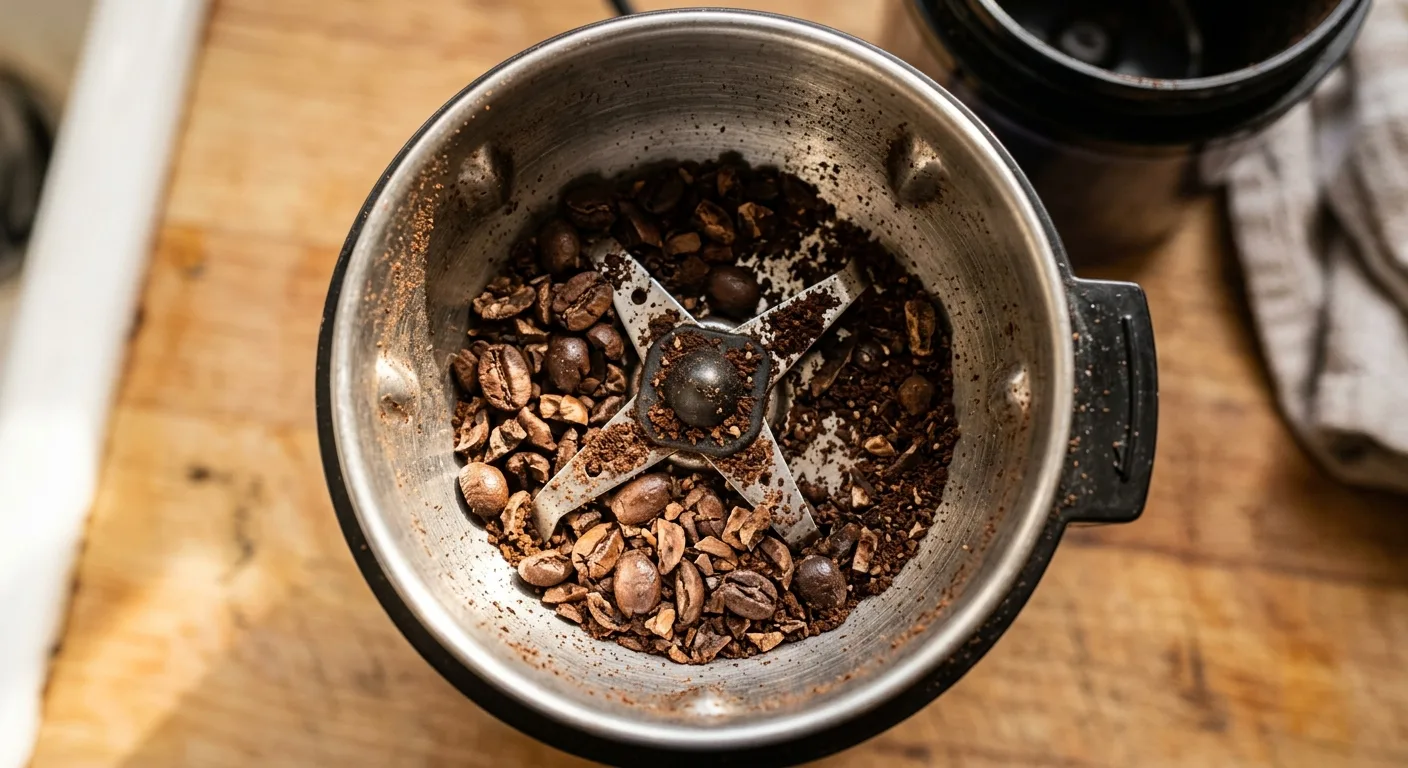 Close-up of a blade grinder showing unevenly chopped coffee grounds in the grinding chamber