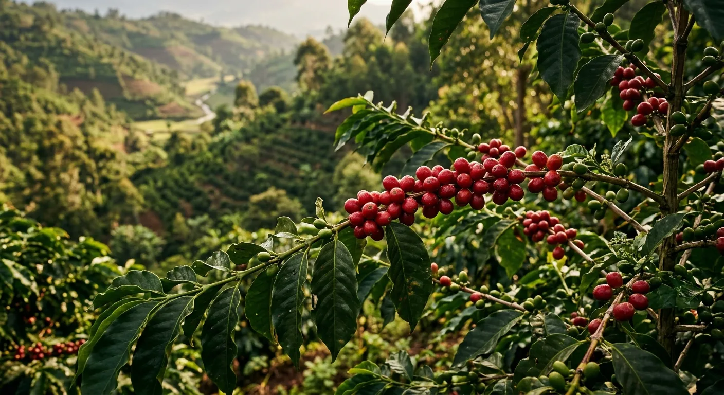 Ripe red coffee cherries growing on a branch in the Ethiopian highlands