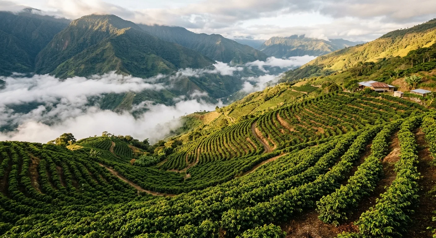 Green coffee terraces on a steep Colombian Andean mountainside at high altitude