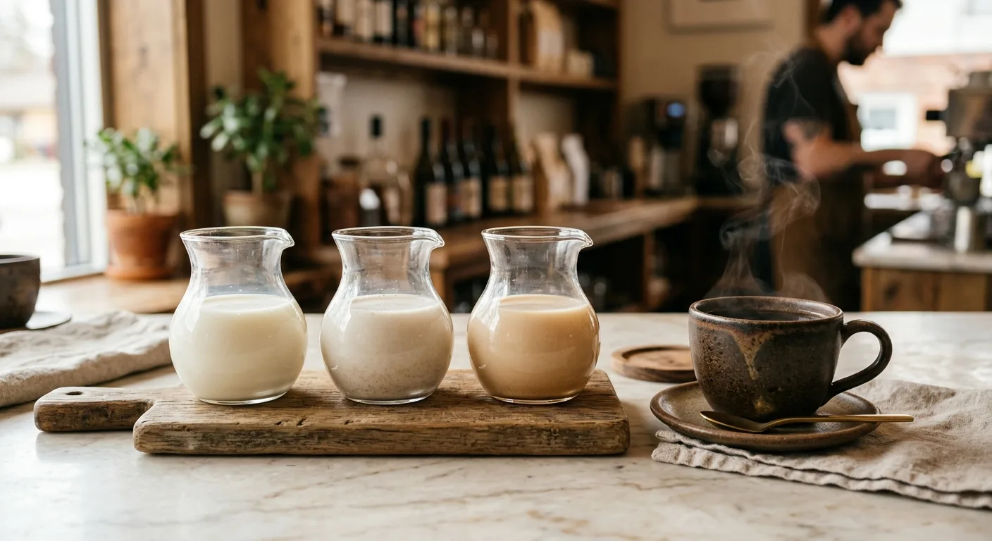 Three glasses of different milk alternatives lined up next to a fresh cup of brewed coffee on a marble countertop