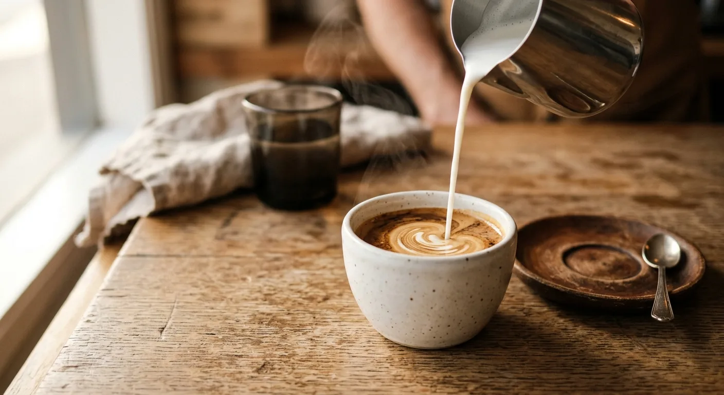 A ceramic pour of whole milk being added to a dark coffee in a white espresso cup on a wooden table