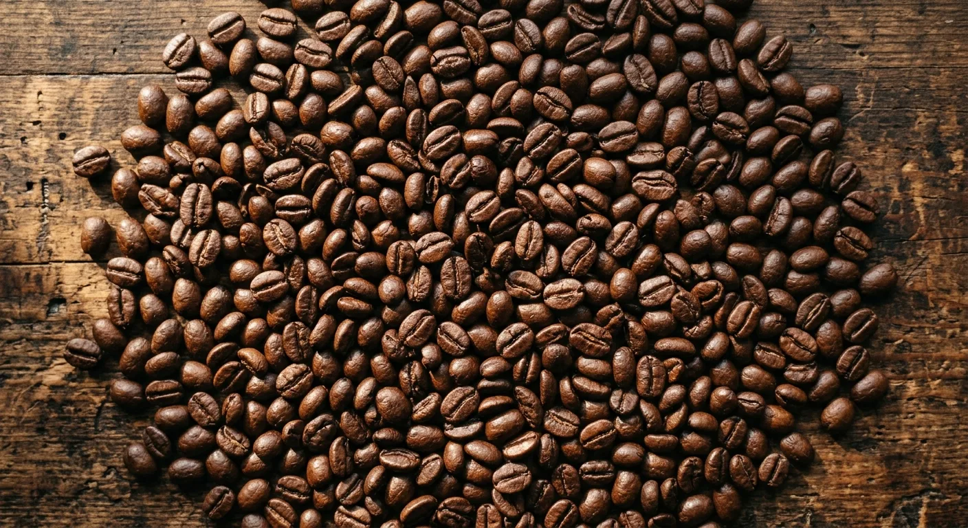 Close-up of freshly roasted whole coffee beans spread across a wooden surface with warm dramatic lighting