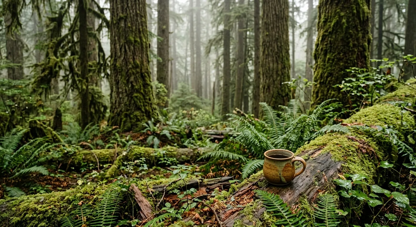 Misty old-growth forest in the Pacific Northwest with towering fir trees and soft morning light filtering through the canopy