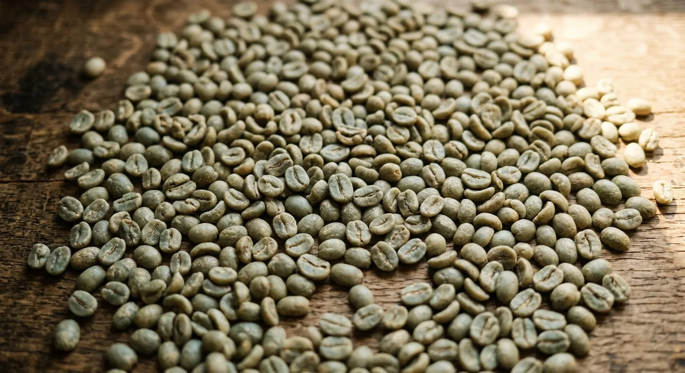 Raw green coffee beans spread on a flat surface before roasting