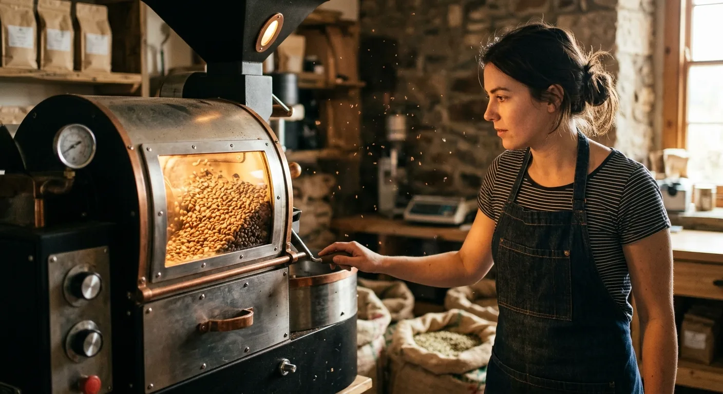 A roaster monitoring small-batch coffee beans mid-roast in a drum roaster