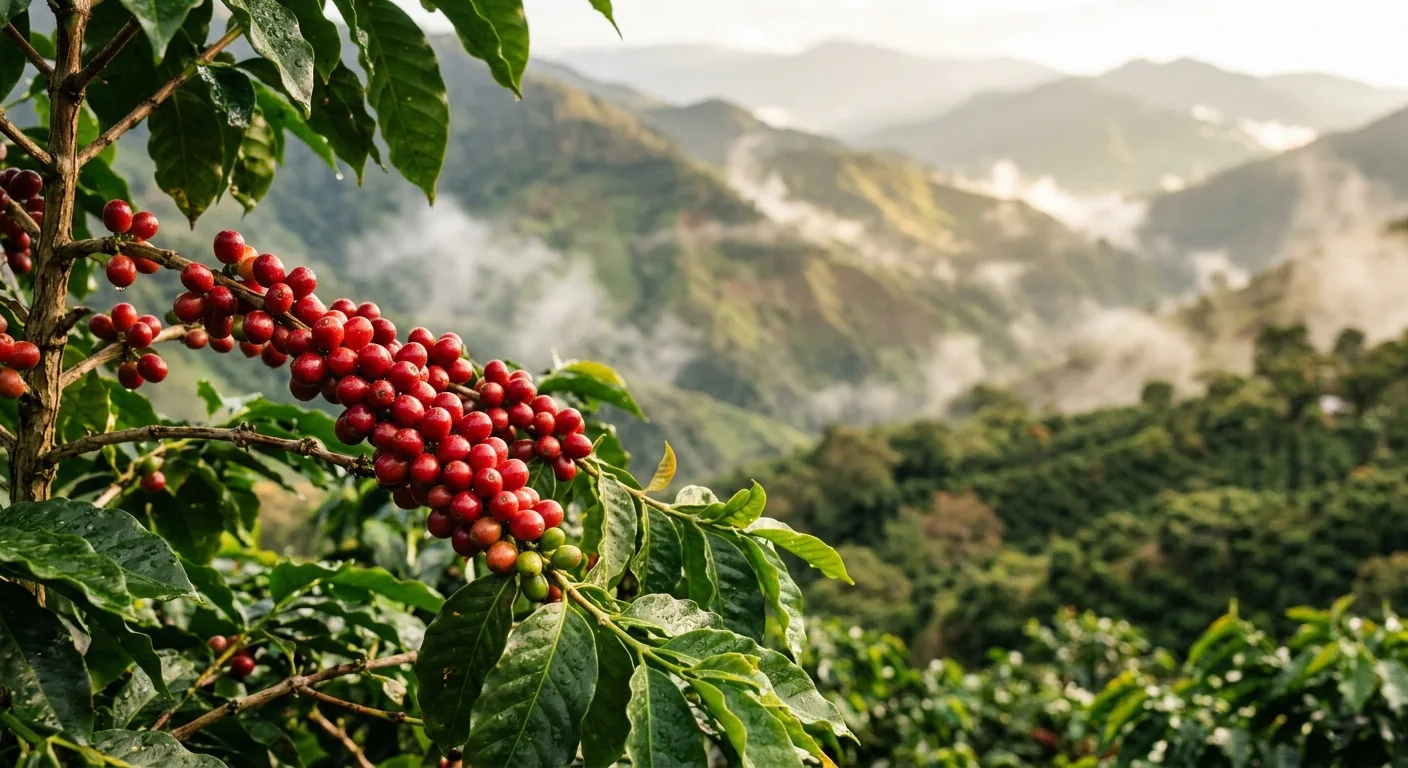 Ripe red coffee cherries growing on a branch at high altitude on a steep hillside farm in Colombia