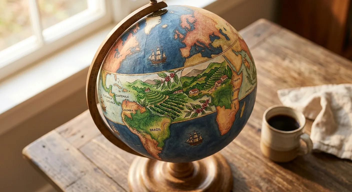 World map showing the coffee Bean Belt stretching between the Tropics of Cancer and Capricorn